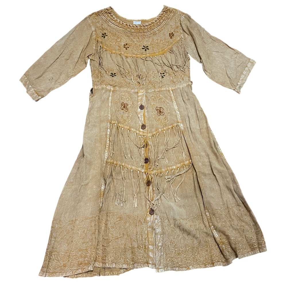 VTG Boho Prairie Yellow Acid Wash‎ Fringe Embroidered Button Front Midi Dress